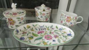 Two Minton "Haddon Hall" preserve pots, cream hug and oval plate.