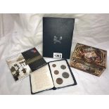 A tin of old coins & coin sets including D Day & 1994 proof sets
