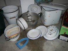 A quantity of enamel ware including bread bin.