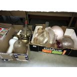 2 boxes of glass lamp shades and oil lamp parts
