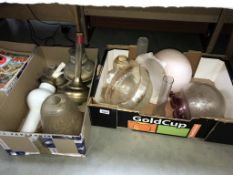 2 boxes of glass lamp shades and oil lamp parts