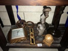 2 carved wooden figures, 1930's turned candlesticks with brass sconces, barometer etc.