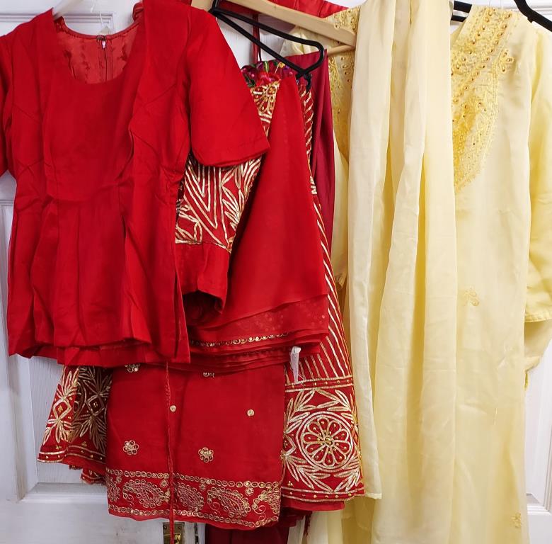 Various outfits including a soft yellow Punjabi suit (tunic and draped trousers),