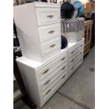 2 white x 3 drawer chests and a matching 3 drawer bedside cabinet