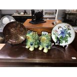 2 Chinese Cloisonne plates and a pair of dogs of Foo