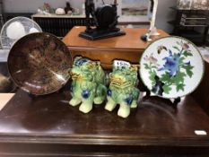 2 Chinese Cloisonne plates and a pair of dogs of Foo