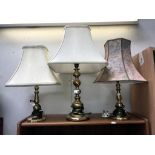 3 brass based table lamps (largest lamp missing shade ring)