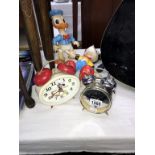 Vintage soft rubber Walt Disney Mickey Mouse (no tail) and Donald Duck plus Mickey Mouse alarm