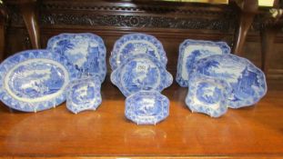 Nine Cauldon blue and white Roman chariot pattern plates and dishes.