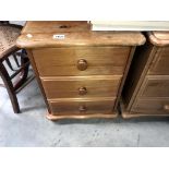 A solid pine 3 drawer bedside chest, 46 x 39 x 61 cm tall.