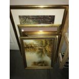 6 x gilt framed prints in various sizes & subjects & oil on canvas of wooded area