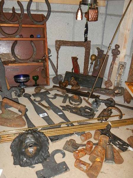 A large lot of metal gate hinges, handles etc.