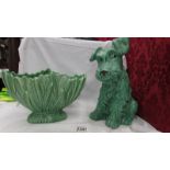 A large green Sylvac dog and a green Sylvac rose bowl.