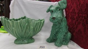 A large green Sylvac dog and a green Sylvac rose bowl.