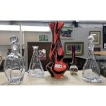 2 art glass vases & 3 decanters (1 missing the stopper)