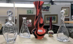 2 art glass vases & 3 decanters (1 missing the stopper)