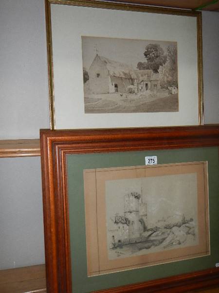 Two framed and glazed pencil and goauche rural scenes signed b M Brown 1890.