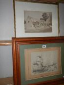 Two framed and glazed pencil and goauche rural scenes signed b M Brown 1890.