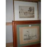 Two framed and glazed pencil and goauche rural scenes signed b M Brown 1890.