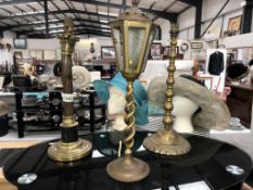 A brass Corinthian column lamp and 2 others (need re-wiring)