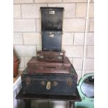 A selection of vintage suitcases, travel trunk, record cases,