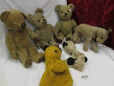 Three old teddy bears, an old donkey, Sooty and Soo puppets.