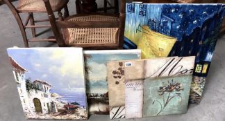 7 assorted oil paintings on canvas & board, boats, ricer landscapes & people in cafe etc.