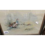 A framed and glazed watercolour of a partridge signed E.J.A. Moore '98 (1898).