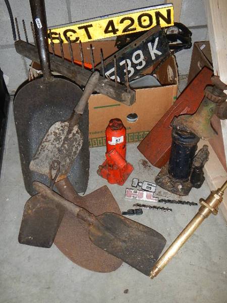 A mixed lot of old tools, car jacks etc.