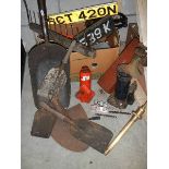 A mixed lot of old tools, car jacks etc.