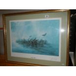 A framed and glazed limited edition print 'Guns of War' by Ben Inade?, 68/450. 82 x 66 cm.