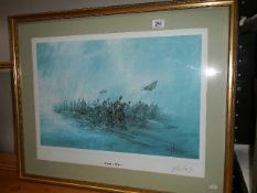 A framed and glazed limited edition print 'Guns of War' by Ben Inade?, 68/450. 82 x 66 cm.