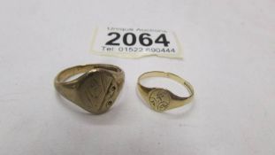 Two 9ct gold signet rings, sizes M and S half, 6.8 grams.