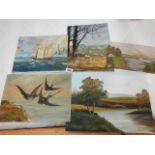 Five paintings on board, Swallows, Sailing ship etc., none signed.