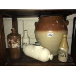 2 Retford stoneware bottles and writing fluid bottle and contents,