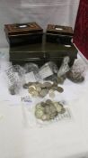 A cash box, 2 smaller cash boxes and a mixed lot of coins including 80 grams of pre 1947 silver.