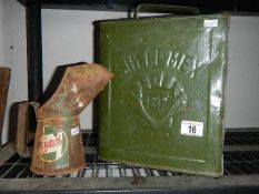 A vintage Shell petrol can and an old oil can.