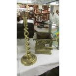 A 19th century brass jardiniere (missing bottom) and a brass barley twist lamp base.
