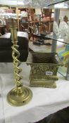 A 19th century brass jardiniere (missing bottom) and a brass barley twist lamp base.