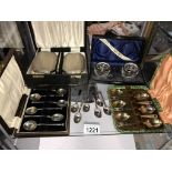 A cased silver rimmed condiment set & spoons, a cased silver backed 2 brush & comb set,