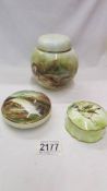 3 pieces of hand painted Victorian china - Ginger jar and 2 trinket pots all signed B Wallace '82.