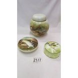 3 pieces of hand painted Victorian china - Ginger jar and 2 trinket pots all signed B Wallace '82.