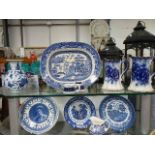 A mixed lot of blue and white plates, jugs etc.