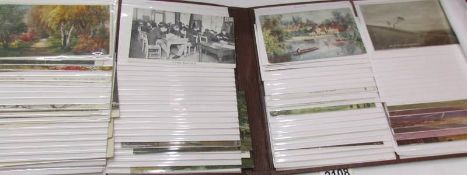 A double postcard album with approximately 45 various postcards.