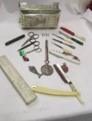 A mixed lot including cased cut throat razor, silver plate box, letter opener etc.