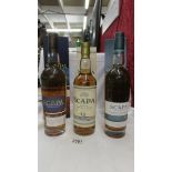 Three bottles of SCAPA "The Orcadian" single malt scotch whisky.