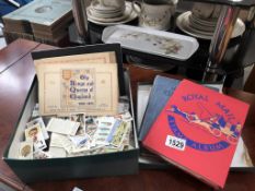 3 stamp albums & a box of cigarette card albums & large quantity of loose cards