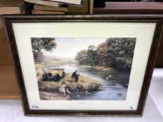 A print of family fishing & an Austin & Chummy entitled 'Beginners luck' by Kevin Walsh (55cm x