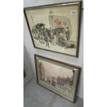 2 framed and glazed prints Street scene with trams and hansom cab 60 x 52cm and 53 x 43 cm