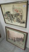 2 framed and glazed prints Street scene with trams and hansom cab 60 x 52cm and 53 x 43 cm